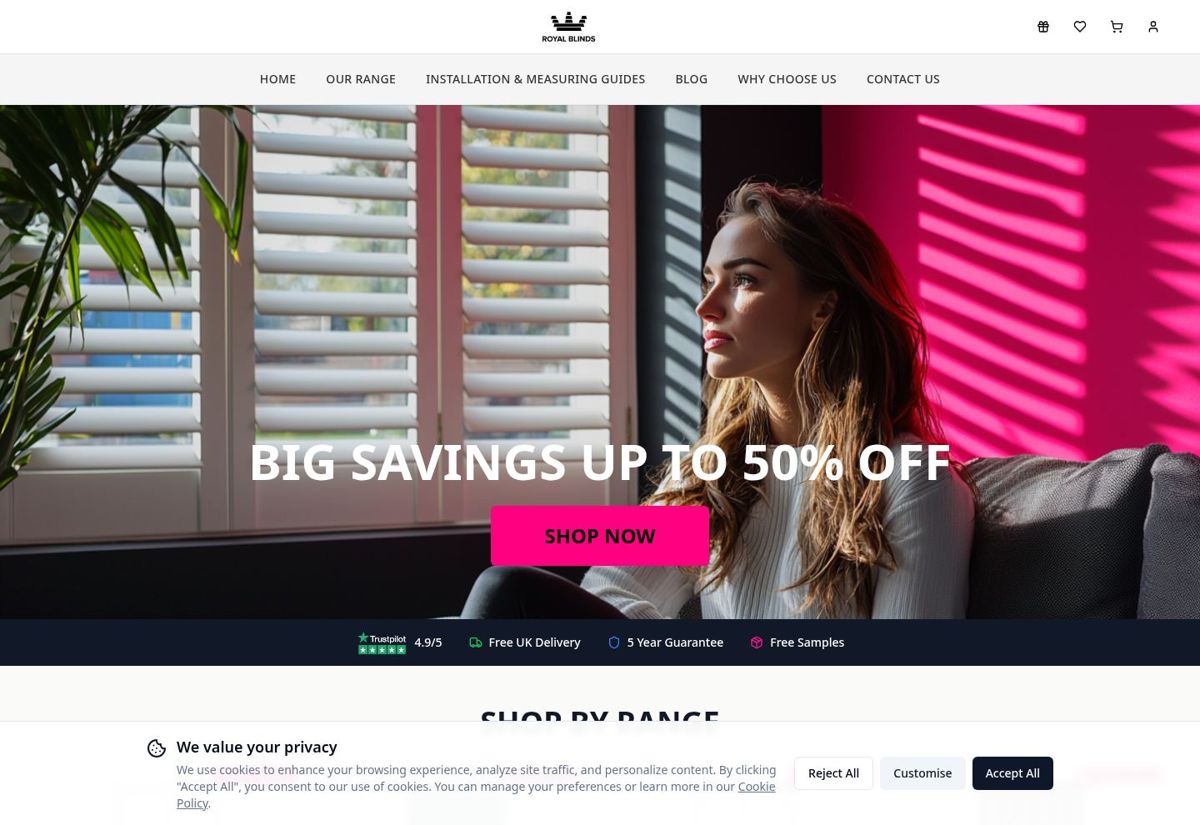 Homepage of the Royal Blinds website built by Vision & Venture